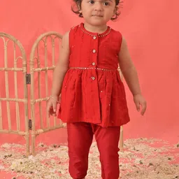 VASTRAMAY Girls Embroidered Regular Sequinned Chanderi Cotton Kurta With Pyjama-51