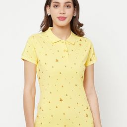 Crimsoune Club Women Yellow Floral Printed Polo Collar Slim Fit T-shirt-image-60