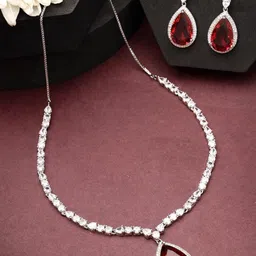 ZENEME Rhodium-Plated Timeless Crystal Blooms Red Stone Pendant & Earring Set-44