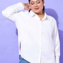 SASSAFRAS Curve White Plus Size Comfort Spread Collar Satin Casual Shirt-image-3