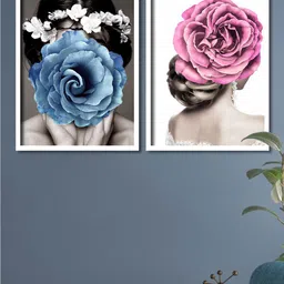 Art Street Set Of 2 Blue & Pink Flowers Lady Framed Canvas Wall Art-0