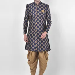 DEYANN Men Navy-Blue & Gold-Coloured Jacquard & Dupion Silk Sherwani With Patiala Pants-picture-12
