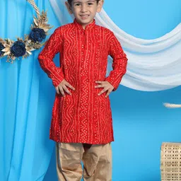 VASTRAMAY Boys Red Bandhani Printed Kurta with Dhoti Pants-image-42