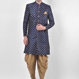 DEYANN Men Navy Blue & Brown Jacquard Woven Design Dupion Silk Sherwani with Patiala Set-picture-44