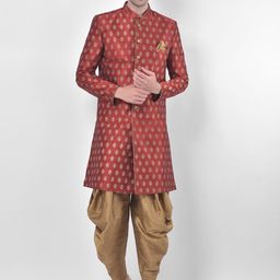 DEYANN Men Red & Gold-Toned Woven Design Sherwani Set-picture-35