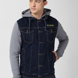 Peter England Casuals Men Navy Blue Washed Colourblocked Denim Jacket-picture-45