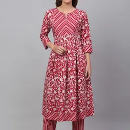 KALINI Women Floral Printed Pleated Pure Cotton Notch Neck Kurta with Trousers-picture-31