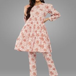 Janasya White Floral Printed Pure Cotton Anarkali Kurta AndTrousers-image-0