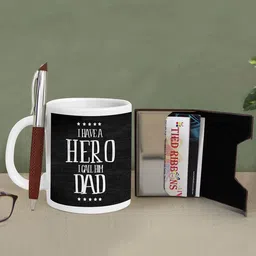 TIED RIBBONS Black & White Fathers Day Gift Printed Coffee Mug with Card Holder and Pen-image-96