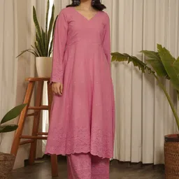 OneWe Self Design Pure Cotton Anarkali Kurta with Trousers-image-22
