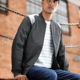 Louis Philippe Men Charcoal Grey Solid Bomber Jacket-picture-4