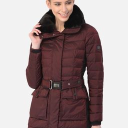 Woods Women Burgundy Water Resistant Longline Hooded Padded Jacket-image-47