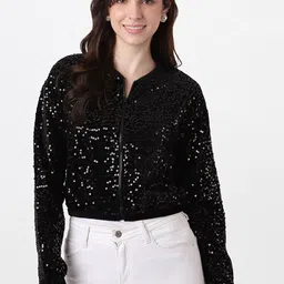 AND Women Black Crop Open Front Jacket-29