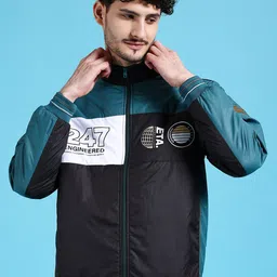 The Indian Garage Co Men Black Longline Outdoor Bomber with Patchwork Jacket-11