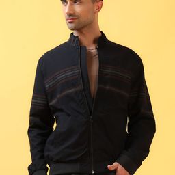 THINC Men Mandarin Collar Striped Casual Bomber Jacket-image-119