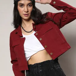Campus Sutra Spread Collar Windcheater Crop Denim Jacket-image-77