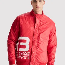 Red Flame Typography Printed Mock Collar Long Sleeves Bomber Jacket-picture-23