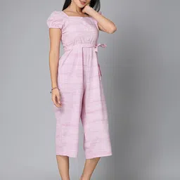 Style Quotient Pink Self Design Square Neck Cotton Culotte Jumpsuit-picture-33