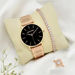 JOKER & WITCH Women Rose Gold & Black Solid Watch Gift Set-image-26