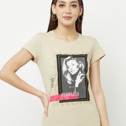 Crimsoune Club Women Beige Printed Slim Fit Cotton T-shirt-image-131