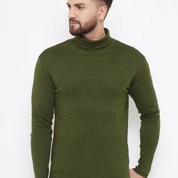 Hypernation Men Olive Green Solid High Neck Pure Cotton T-shirt-image-55