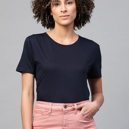 Marks & Spencer Women Navy Blue Solid Round Neck T-shirt-image-96