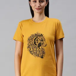 BRATMA Women Mustard Yellow Tiger Printed Round Neck T-shirt-picture-43
