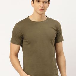 THE CHAMBAL Men Olive Green Solid Round Neck Pure Cotton T-shirt-image-33