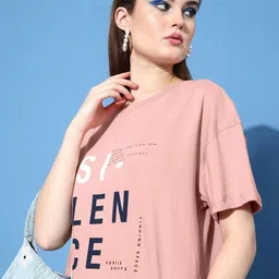 Roadster Women Dusty Pink & Navy Blue Printed Round Neck T-shirt-image-14