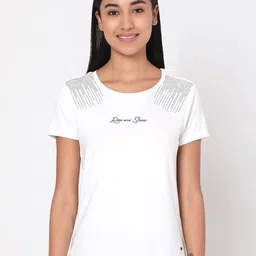SPYKAR Women White Embellished T-shirt-picture-0