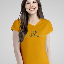 Pootlu Women Yellow Printed V-Neck Cotton T-shirt-image-103