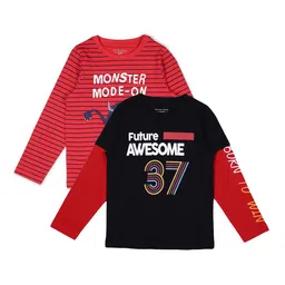 PLUM TREE Boys Pack-2 Red  Black Typography Printed Pure Cotton T-shirt-image-68