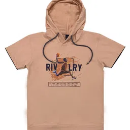 CAVIO Boys Peach-Coloured & Black Sports Printed Hooded T-shirt-image-90