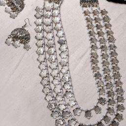 TEEJH Women Silver-Toned & Plated Floral Oxidised Beaded Layered Jewellery Set-picture-22