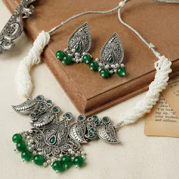 TEEJH Vasundhara Oxidised Stone-Studded & Beaded Jewellery Set-image-32