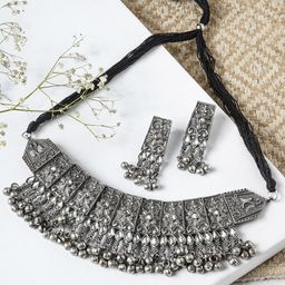 TEEJH Silver-Plated Oxidized Choker Necklace Set-image-53
