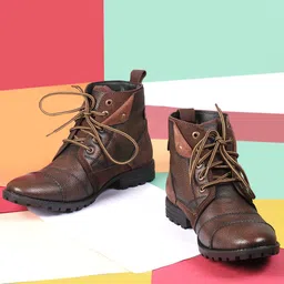 Allen Cooper Men Tan Brown Colourblocked Genuine Leather Mid-Top Flat Boots-image-7