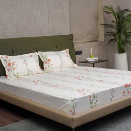 URBAN SPACE Peach & Off White Veil Bloom 200 TC Fitted King Bedsheet with 2 Pillow Covers-image-34