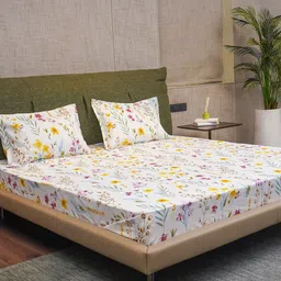 URBAN SPACE Yellow & White Printed Fitted Cotton 200 TC King Bedsheet With 2 Pillow Covers-picture-11