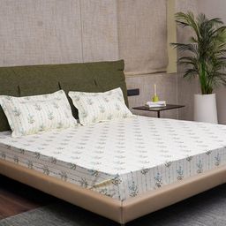 URBAN SPACE Blue & White Floral Fitted Cotton 200 TC King Bedsheet With 2 Pillow Covers-image-35