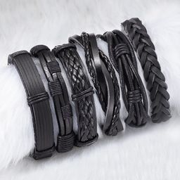 Peora Men Black Pack Of 6 Leather Multistrand Bracelet-image-38