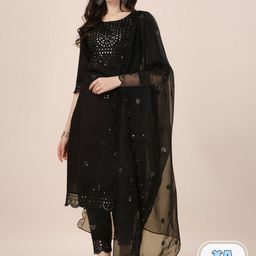 KALINI Embroidered Mirror Work Chanderi Cotton Kurta With Trousers & Dupatta-picture-12