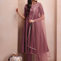 Inddus Mauve Woven Design Sequinned A-Line Kurta & Trousers With Dupatta image 1