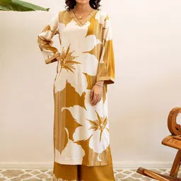 Anouk Mustard Floral Printed Beads and Stones Straight Kurta With Palazzo-image-7