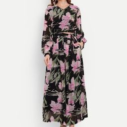 iki chic Black & Pink Floral Printed V-Neck Top With Palazzo-picture-13
