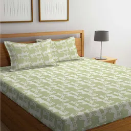 KLOTTHE Green & Beige Cartoon 400 TC Pure Cotton King Bedsheet with 2 Pillow Covers-image-56