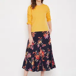 Bitterlime Women Yellow & Navy Blue Top with Skirt-image-33