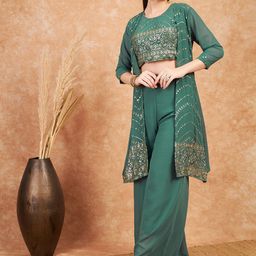 Sangria Women Georgette Embellished Top & Palazzos with Shrug-image-20