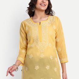 ADA Yellow Floral Embroidered Thread Work Pure Cotton Thread Work Kurti-image-36