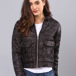 Campus Sutra Women Brown Camouflage Windcheater Crop Padded Jacket-picture-32